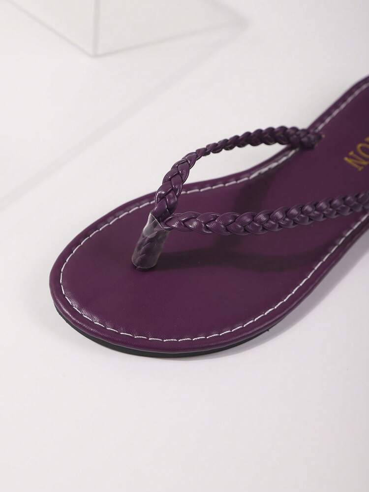 Woven Thong Sandals For Women, Flat Flip Flops, Casual Vacation Style Beach Sandals, Open Toe Slippers For Summer Outdoor, Fashion French Style Suitable With Dresses, Beach - Purple - View 7