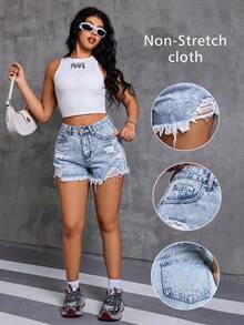 Women's Summer Casual Denim Shorts, Frayed Pockets, Zipper Fly, Light Wash Straight Leg - Light Wash - View 1