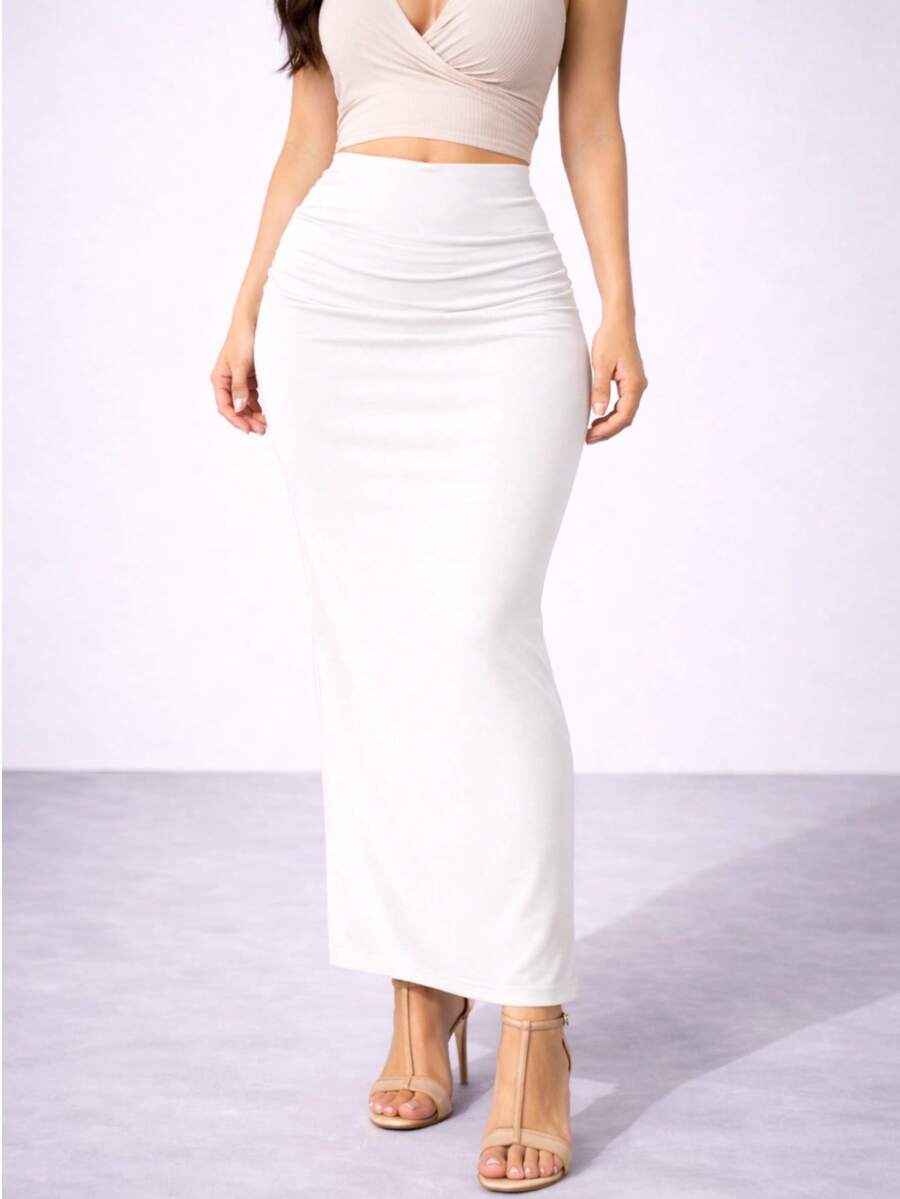 Long, Fitted Skirt With A Slit, Elegant Split Skirt, Midi Skirt With Elastic Waistband For Parties, Basic And Chic. - 查看 1
