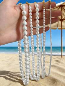 1pc 4m-12m Vintage French Style Pearl Necklace, Simple Choker Necklace With Random Pearl Quantity - White - View 1