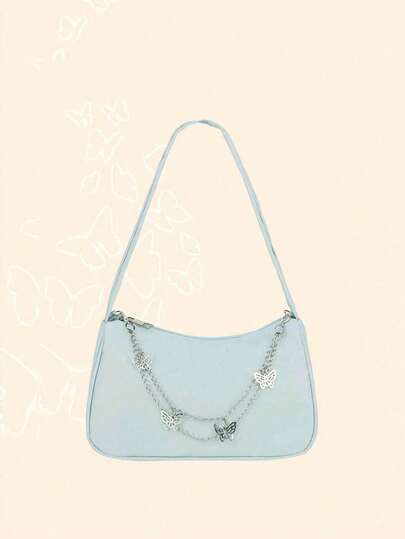 1pc Solid Color Butterfly Chain Decor Shoulder Bag, Fashion Handbag, Lightweight Clutch, Zipper Underarm Bag, Suitable For Girls, Students, Young Women For Daily Use, Casual Outings, Shopping, Travel, Holiday Gatherings