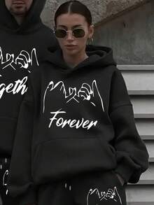 (2PC) Couple's Set Of Fashionable And Casual Printed Hoodies And Sweatpants For Both Men And Women, Autumn And Winter Men's Sportswear, Fashionable And Sportswear Printed, Suitable For Casual Outdoor Sports And Holiday Gift Giving.I'M HER BEAST/I'M HIS BEAUTY - Đen-2 - Xem 2