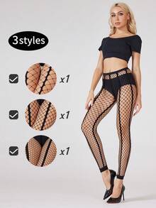 3pcs/Set Women's Extra Large Fishnet Cropped Pants - Black - View 1