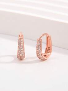 Vaerine 1 Pair Delicate Lightweight 925 Sterling Silver Half-Circle Small Stone Cluster Double Hoop Earrings, Women's Party & Daily Accessory Gift - Rose Gold - View 3