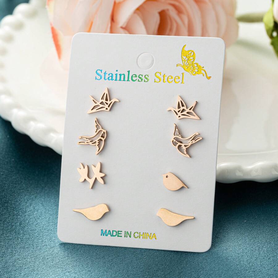4对/套不锈钢鸟形耳环套装，饰有小动物鸟类图案，男女皆宜，是理想的生日礼物首饰。 - ZH043 - 查看 1