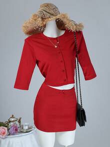 Women's Casual Style Solid Color Round Neck Skirt Set, 2026 New Versatile Casual Suit - Red - View 2