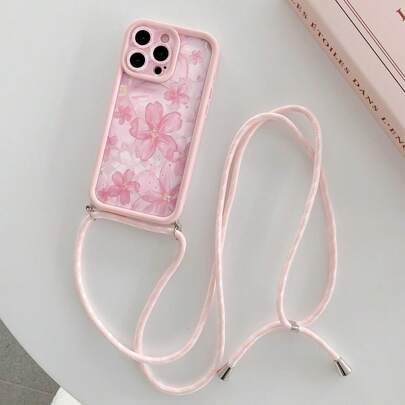White Pink Lanyard Style Shockproof 1pc Fashion Pink & White Linen Rope + Oil Painting Peach Blossom Pattern Thick Shockproof Protective Phone Case, Compatible With Iphone 17/17 Pro/17 Pro Max/17 Air/16/11/16 Pro/16 Plus/16 Pro Max/16e/15 Pro Max/13/14/12/11/7G/8P, Galaxy S25/S25 Plus/S25 Spring Gift