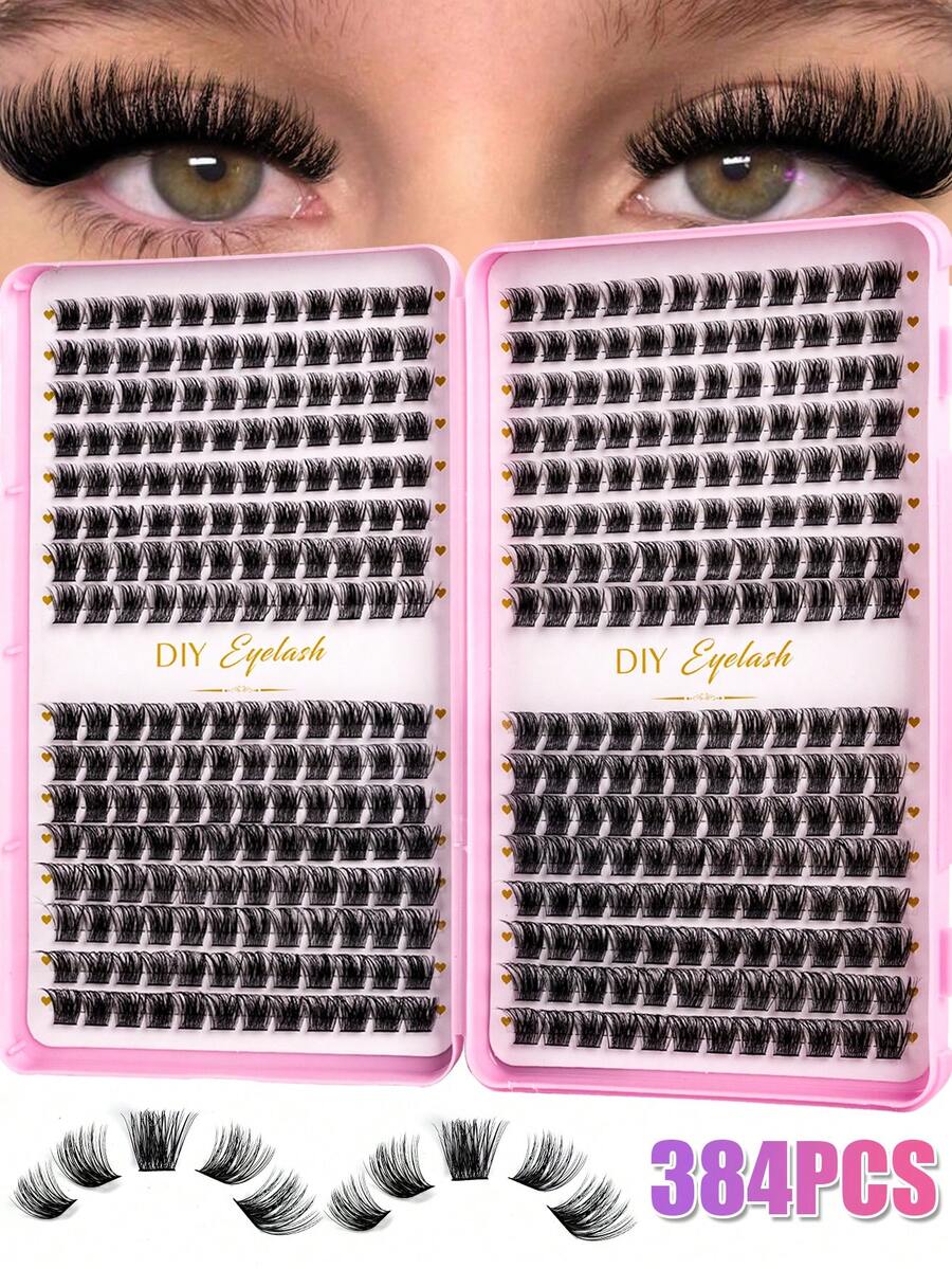 MEM 416/384片仿貂毛假睫毛簇，DIY睫毛嫁接 - 高级D型卷翘浓密自然假睫毛簇，可重复使用，轻盈易戴 - 假睫毛簇，单根假睫毛，睫毛，假睫毛