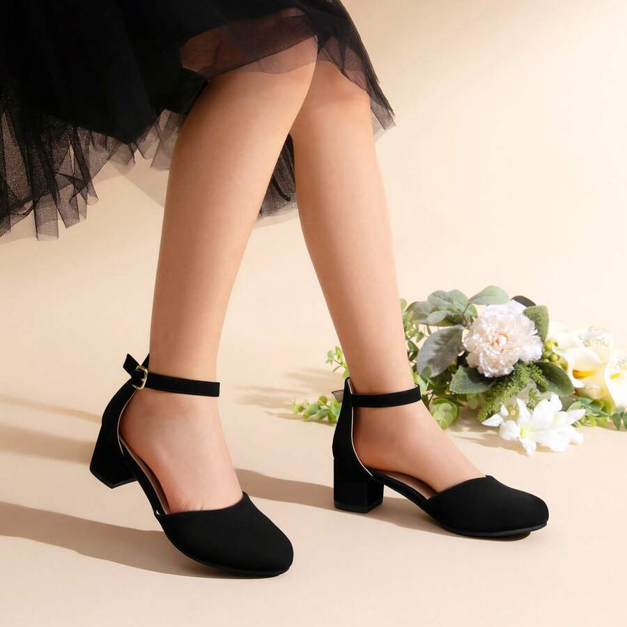 Girls Wedding Party Pumps Closed Toe Ankle Strap High Heels Flower Girl Shoes For Toddler Little Big Kid - màu đen - Xem 1