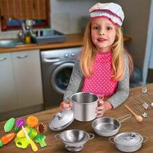 11pcs/12pcs Children Mini Stainless Steel Kitchen Toys, Pretend Play Cooking Set, Chef Cooking Tool Kit With Storage Bag, Stainless Steel Pots And Pans Set, Educational Toys For Boys And Girls - 彩色 - 查看 4