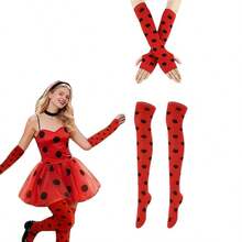 2 Pcs Ladybug Costume Set Red Black Polka Dot Stockings Fingerless Gloves Christmas Carnival Party - Multicolor - View 1