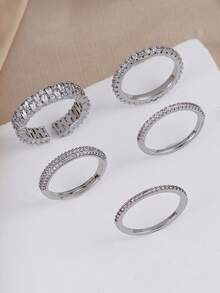 5pcs Elegant Cubic Zirconia Stone Ring Set, Stackable Rings Suitable For Women's Daily Wear, Wedding, Party, Best Gift For Holidays - Silver - View 3