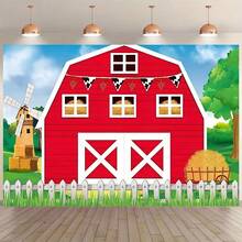1pc Vivid Farm Theme Birthday Backdrop With Red Barn, Green Grass Design And Cartoon Cow Decor Elements, Durable Vinyl Material, Suitable For Party Decoration, Cake Photography And Photo Shoot, Cow Decor, Birthday Party And Holiday Party - Multicolor - View 2