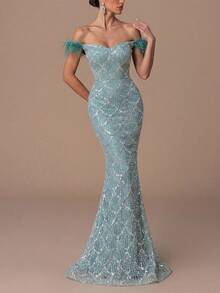 Faeriesty Luxury Beaded & Sequin Maxi Dress - Sparkling Geometric Beading And Feather Shoulder Details, Fitted Mermaid Silhouette With Floor-Length Hem, Suitable For Galas, Weddings, Red Carpets And Other Formal Occasions To Showcase Alluring Elegance. - Cadet Blue - View 3