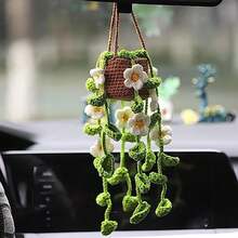 Car Interior Rear View Mirror Ornament Crochet Hanging Strawberry Plant Car Decorations Interior Aesthetic Car Accessories Cute Car Charms For Rear View Mirror, Boho Car Decoration - Hoa trắng - Xem 14