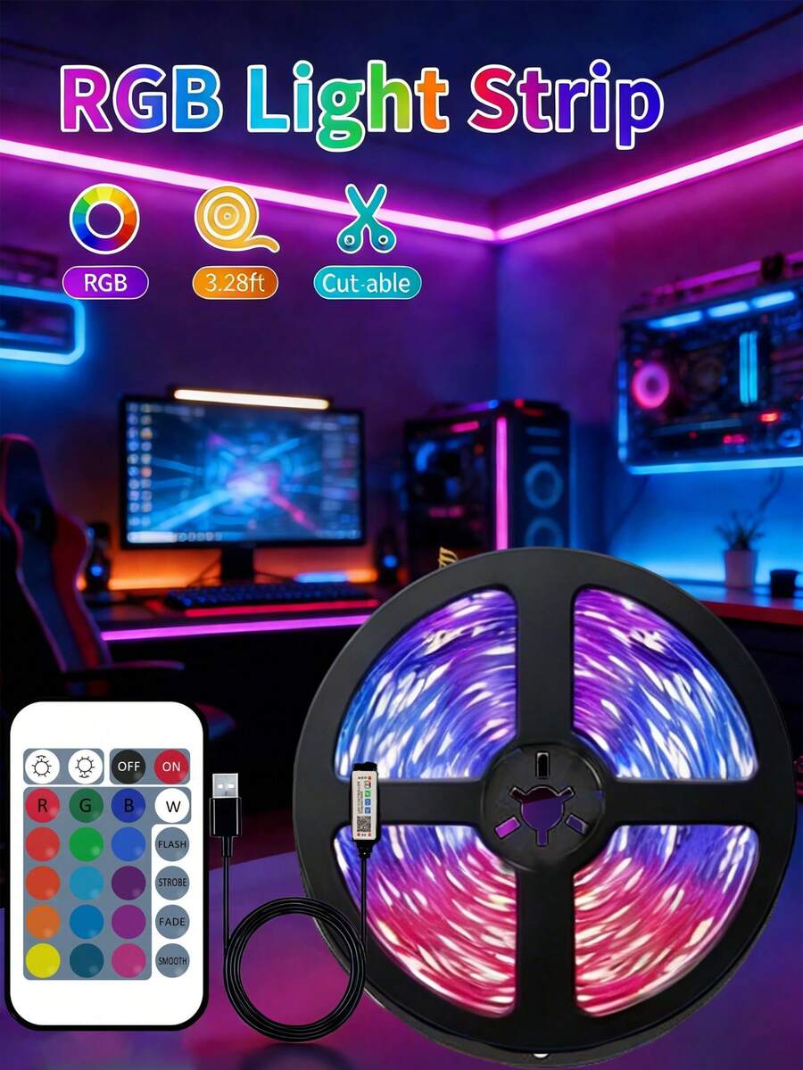 3-65FT Long Smart LED Strip Lights, USB Interface, LED Lights With APP And Remote Control , Night Light Can Be Timed And Brightness Adjusted,Smart 5V 24-Key Remote Control, RGB Color-Changing Strips Suitable For Bedrooms, Living Rooms, Home Decor, Room Parties, Room Decoration,Ambient Lighting In Bedrooms, Living Rooms, Game Rooms, Etc., And Happy Halloween Christmas Decorations - Colored Light - View 1
