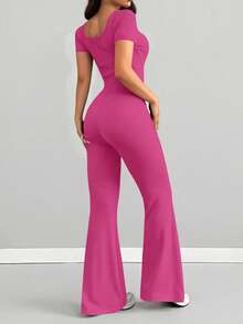 AITYI Studio 女士连体裤，修身剪裁，休闲 U 领纯色时尚性感舒适修身，适合户外运动，百搭实用，适合毕业典礼、新年、情人节、春夏等场合穿着。弹力针织短袖喇叭裤连体裤。 - 玫紅色 - 查看 3