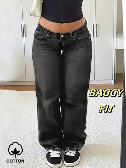 MYOURSA 女士宽松低腰阔腿牛仔裤，复古水洗做旧街头风 Y2K 美学，深灰色