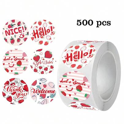 500pcs/Roll Adhesive Strawberry Fruit Stickers - 500 Pieces Per Roll, Cartoon Theme, Suitable For Glass, With Sparkle Finish. Suitable For Small Businesses, Self-Adhesive Minimalist Elegant Sealing Stickers, Labels For Envelopes, Party Gifts, Non-Adhesive Label Decorative Stickers Scrapbook Supplies Scrapbooking