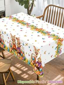 1pc Easter Plastic Tablecloth, 220*130cm Colorful Easter Bunny Eggs Flower Basket Disposable Table Cloth, Flower Butterfly Design Rectangle Table Cover, Easter Home Kitchen Dining Table Decoration, Easter Party Supplies, Easter Decorations - Multicolor - View 9