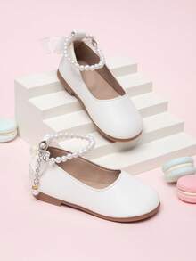 Girls' Mary Jane Shoes With Beaded Bow Tie, Princess Shoes With Buckle Strap - Beige - View 3