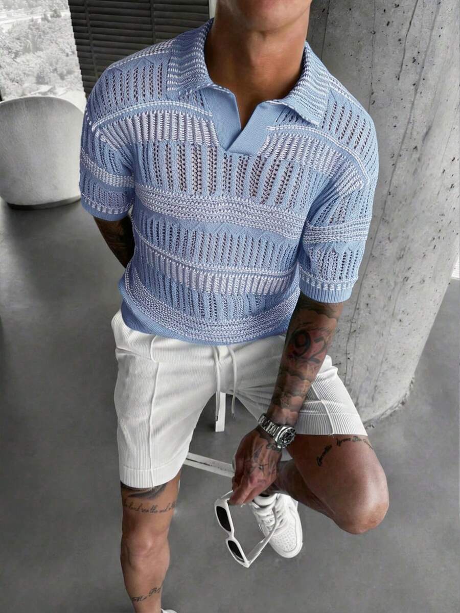 YONGC Men's Fashionable Lightweight Hollow Striped Knit Polo Shirt, Breathable Short Sleeve Versatile Knit Top, Casual & Comfortable Wear For Men In Spring/Summer