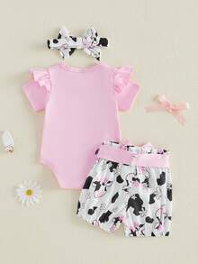 Western Baby Girl Clothes Cowgirl Summer Clothes Letter Boots Cow Print Crew Neck Short Sleeve Romper Shorts And Bow Headband 3 Pcs Set - 粉紅色乳牛 - 查看 8