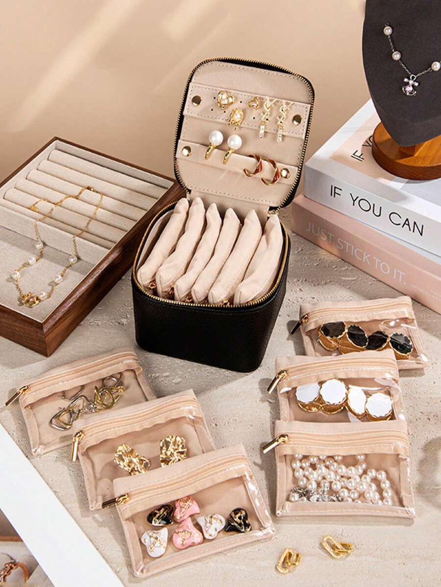 Portable Jewelry Box With Handle & 6pcs Velvet Jewelry Pouches, Suitable For Storing Necklaces, Rings, Earrings, Ideal Mother's Day Gift For Mom, Comes With 12pcs Velvet Jewelry Pouches - Multicolor - View 1
