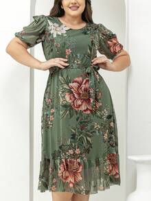 Women's Plus Size Evangelical Printed Tulle Midi Dress - 軍綠色 - 查看 9