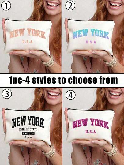 White Makeup Storage Bag - "New York" Letter Print,Durable Reusable Shopping Bag For Daily Use,Toilet Storage Bag, Storage Bag,Portable And Lightweight, Church Outings, Travel & Work, Vacation Storage Bag, Suitable For Beach Sunbathing, Picnicking, Camping, Travel, Gym, Pool Bag, Reusable Shopping Bag Or Daily Business Travel,Valentine'S Day Gifts, Recent Holiday Gifts, Suitable For Giving To Family, Friends, Colleagues, And Classmates