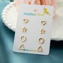 4 Pairs / Set Golden Stainless Steel Geometric Stud Earrings Set ,Heart Shape, Five-Pointed Star, Circle, TriangleSymmetrical Geometric Shapes, Suitable For Daily Wear Or As Gifts - ZH022 - View 12
