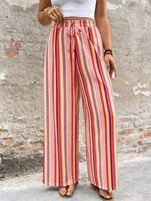Pantalones anchos de pierna ancha con estampado de rayas de color block, con lazo en la cintura, estilo casual de vacaciones para mujer, primavera - Multicolor - Ver 5