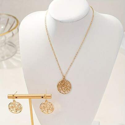 1 Set de collar y aretes con colgante de árbol próspero redondo hueco y elegante minimalista, decorado con diamante de imitación, de aleación de zinc, joyería de moda, adecuada para uso diario y vacaciones