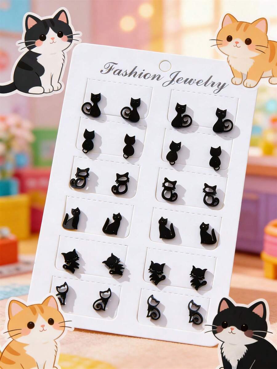 12pairs Cartoon Cat Stud Earrings - Black - View 1