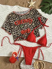 3pcs Red Leopard Print Bikini Set With Tie Front Cover Up, Swimsuit For Women Vacation - Multicolor - View 1