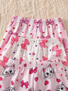 3 Sets (6pcs) Girls & Toddlers Casual Cat, Bow, Star, Heart Pattern Soft & Comfortable Flame Retardant Knit Fabric Short Sleeve T-Shirt And Shorts Pajama Sets, Suitable For Spring/Summer Wear - Multicolor - View 6