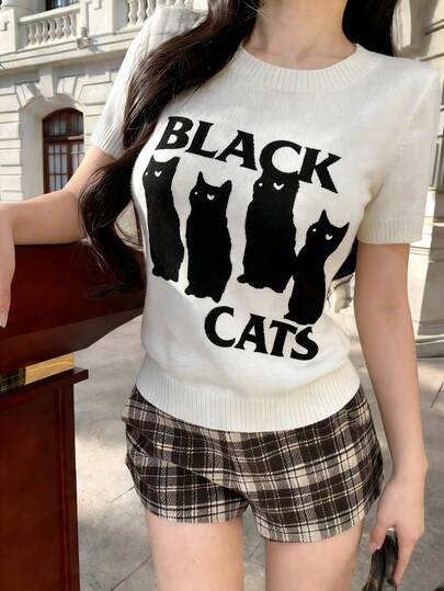 卡通印花短袖轻薄针织衫，Y2K风格宽松修身圆领休闲上衣，夏季必备