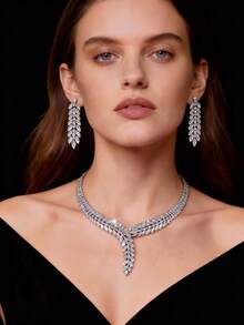 Bộ trang sức hình lá đính đá Cubic Zirconia sang trọng, thích hợp làm quà sinh nhật cho nữ. - Bạc - Xem 4