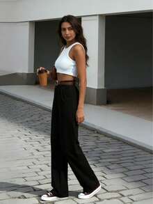 Quần ống đứng dáng suông cạp cao xếp ly có túi bên hông dành cho nữ, phù hợp cho cả công sở và thường ngày, mùa xuân/hè. - màu đen - Xem 5