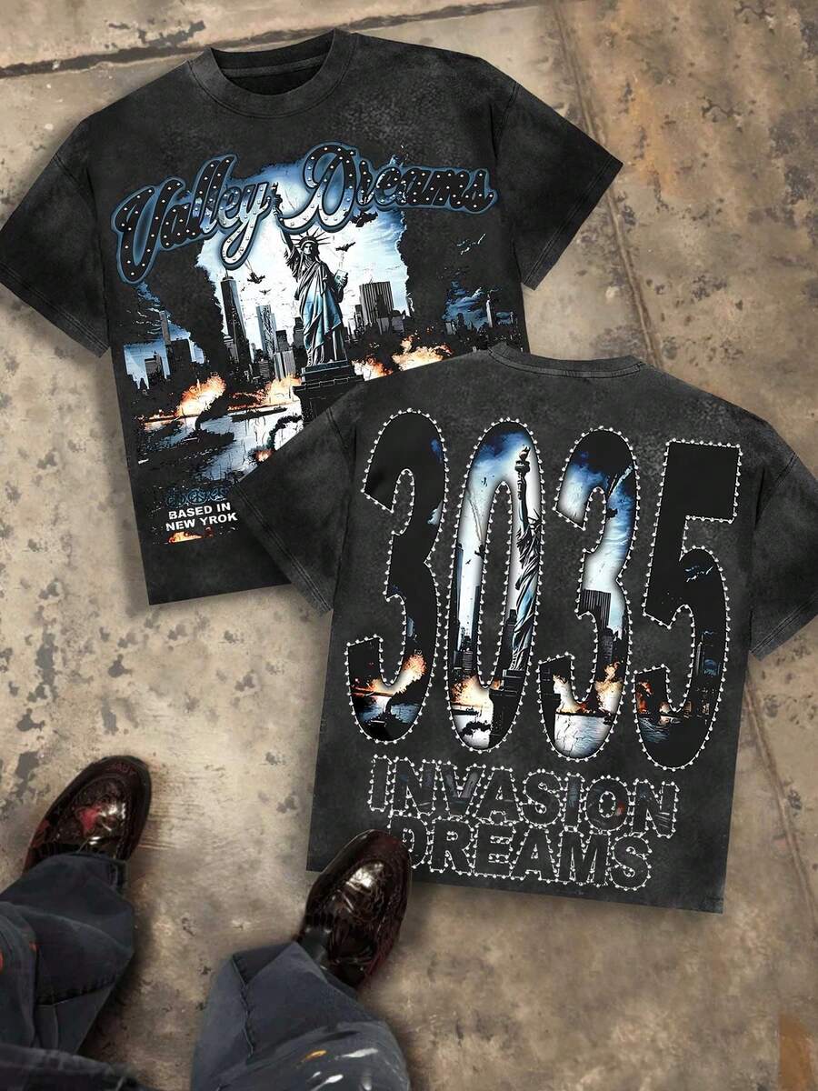 Valley Dreams Statue Of Liberty & City Explosion & "3035 INVASION DREAMS" Text Men's 230g Combed Washed Cotton T-Shirt, Street Short-Sleeve Top, American Dark Hardcore Style Apparel, Spring Summer Crew Neck Top, Suitable For Summer Daily Casual Wear - 黑色 - 查看 1