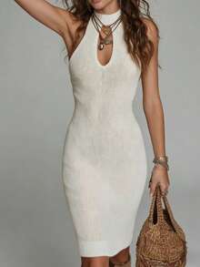 Vestido mini de punto a rayas con cuello redondo - Diseño con abertura en el pecho, adecuado para uso en verano, salidas y reuniones casuales - Blanco - Ver 3