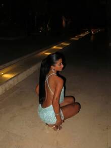 优雅无袖亮片抹胸修身迷你连衣裙，女士派对鸡尾酒会礼服，露背设计，略带弹性，夏季款 - 淺藍色 - 查看 2