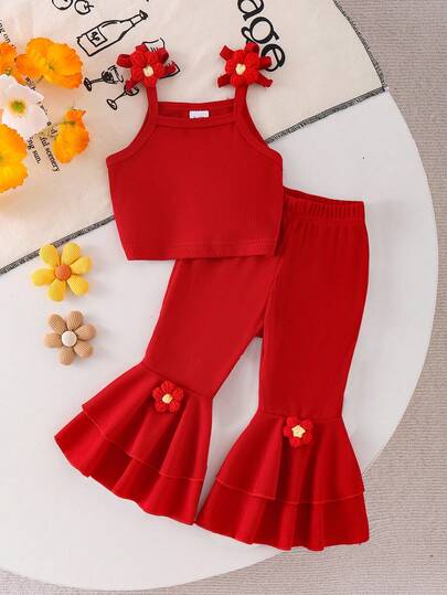 2pcs Baby Girls Floral Camisole Top And Layered Floral Ruffle Bell-Bottom Pants Set, Summer