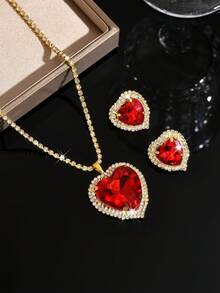 1 set de bijoux en forme de cœur, cristal rouge brillant + bordure de diamant, en cuivre, convient pour les fêtes, cadeau pour l'anniversaire/la fête des mères - Rouge - Voir 3