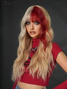 7JHH WIGS 金红色波浪假发，带刘海，挑染红色发丝，长卷发，自然蓬松柔软，采用合成纤维编织而成，色彩缤纷，适合女性和女孩，可用于万圣节、圣诞节、节日派对、角色扮演等场合，26英寸。 - 挑染紅色 - 查看 6