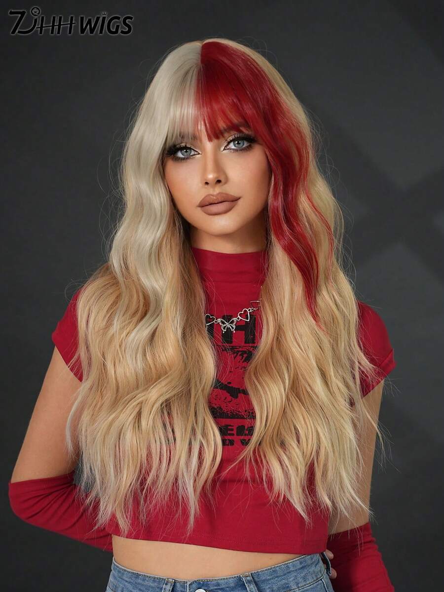 7JHH WIGS 金红色波浪假发，带刘海，挑染红色发丝，长卷发，自然蓬松柔软，采用合成纤维编织而成，色彩缤纷，适合女性和女孩，可用于万圣节、圣诞节、节日派对、角色扮演等场合，26英寸。