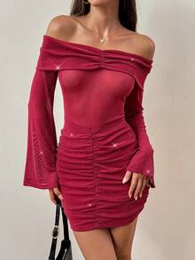 Women's Burgundy Metallic Thread Off Shoulder Ruffle Sexy Mini Dress - Burgundy - View 2