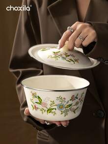 1 pieza Tazón de arroz con tapa con diseño esmaltado, tazón de sopa, tazón para fideos instantáneos, tazones esmaltados, material metálico resistente a los arañazos, apto para lavavajillas, artículos de cocina esenciales para cocinar en casa y comidas de camping - Cuenco esmaltado - Ver 3