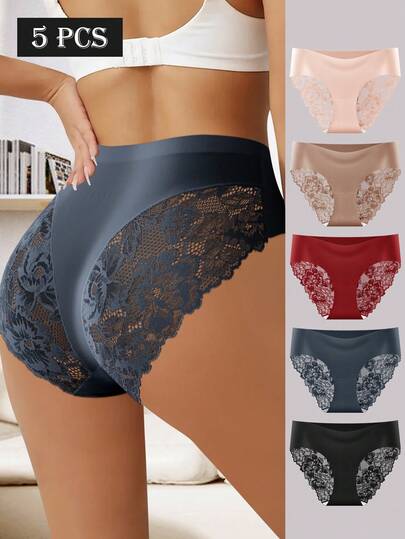 QUASTI 5 Pieces Of Women's Triangle Panties, Sexy Lace Trim Design, Comfortable Fabric, Skin-Friendly And Breathable