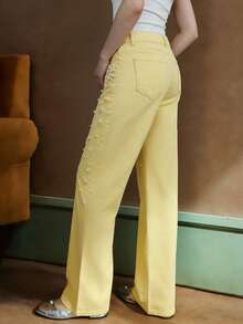 Women's Yellow Beaded Straight-Leg Jeans, Fashionable Slim Fit Versatile Style Casual Spring - Yellow - View 3
